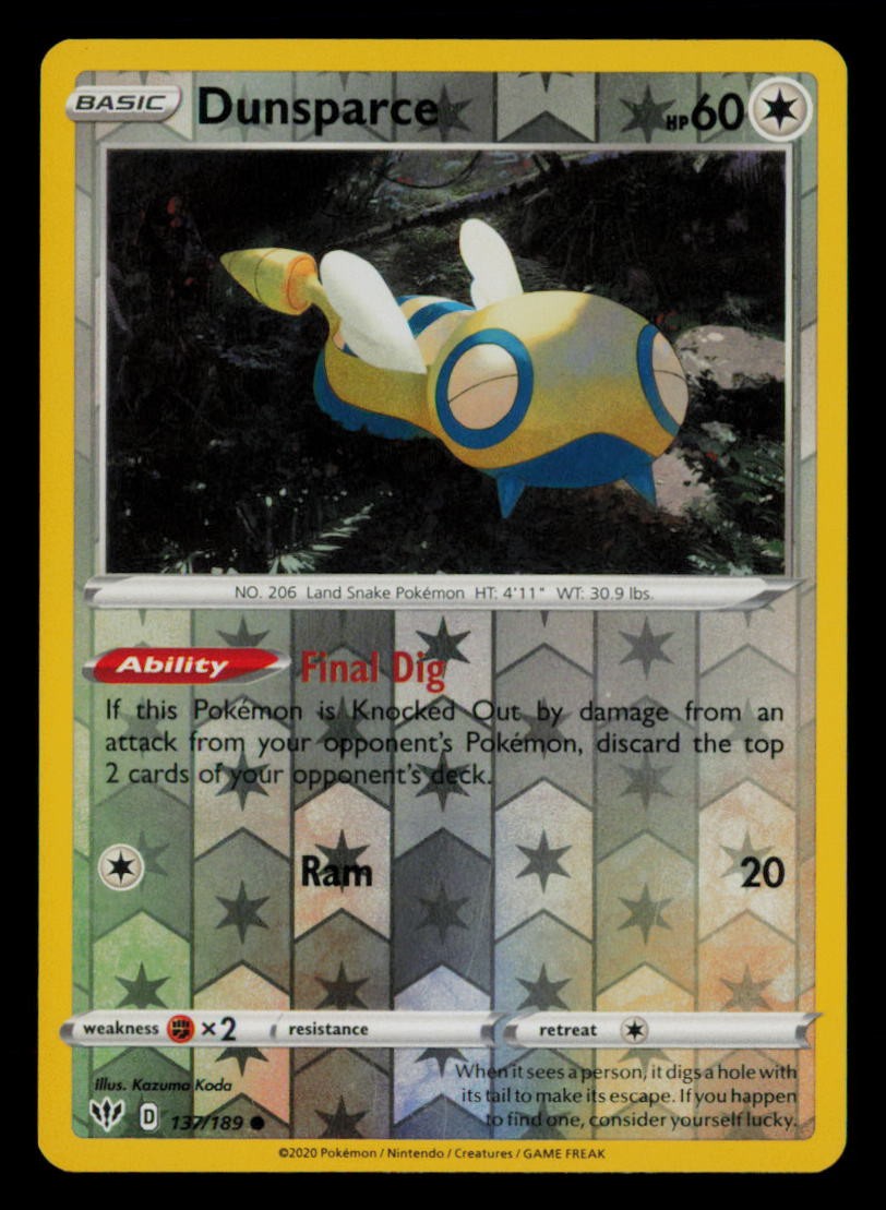 Dunsparce 137/189 Common Darkness Ablaze Pokemon Reverse Holo Near Mint