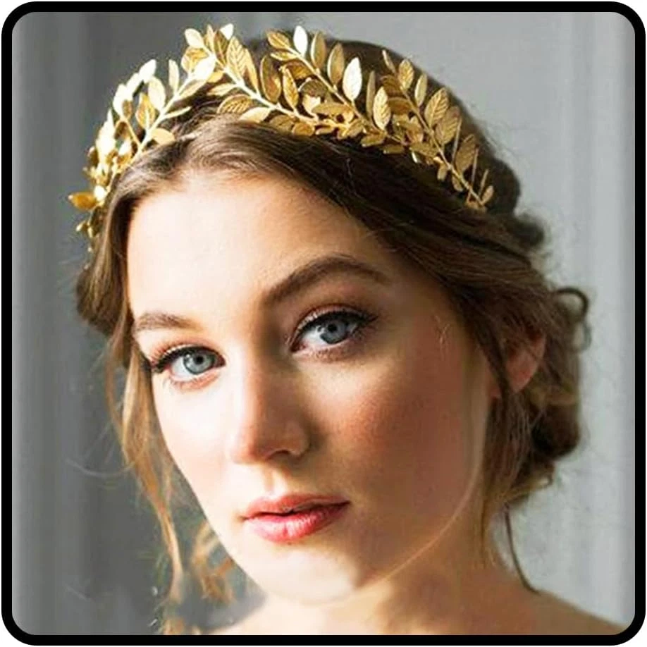 Moxiewell 4 stuks Griekse godin kostuum sieraden set, lauwerkrans hoofdband hoofdtooi goud set, gouden kroon hoofdband blad spiraal bovenarmreif armband oorbellen metaal haarsieraden accessoires