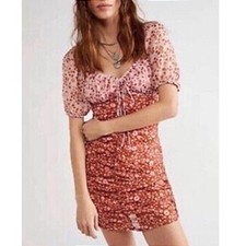 Free People Tessa Floral Ruched Mini Cutout Dress Pink Rust Orange Size Small