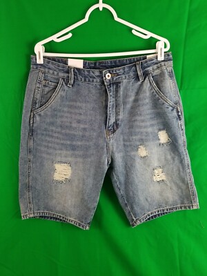 Liao's Rapidly Est.1985 Denim Shorts Men Sz 34 Blue Cotton Distressed Dark Wash