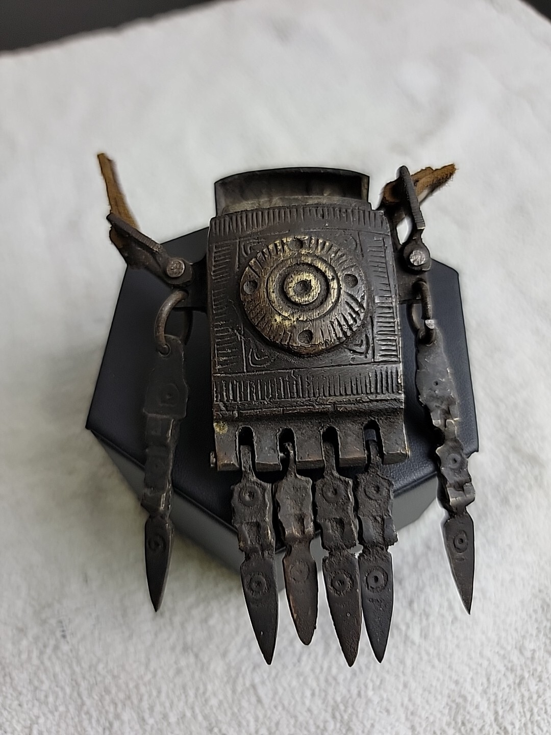 1800 Militia Ottoman Gun powder / Grease Holder Box Bronze Broken Leather Strap