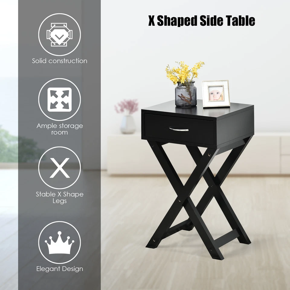 Modern Nightstand X-Shape Accent Side End Table Furniture w/ Drawer Black - Image 4 of 4