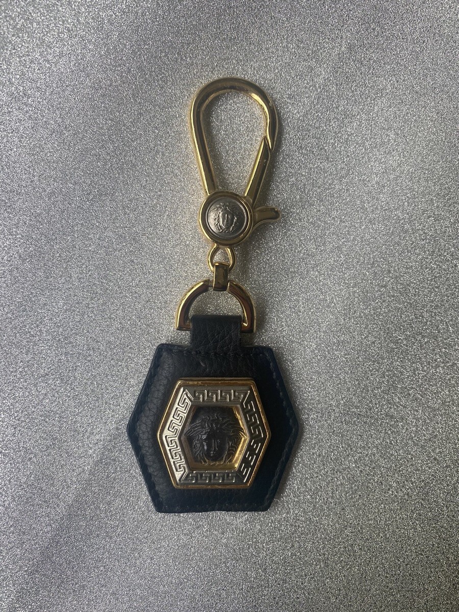 キーホルダー・キーリング VERSACE Coin Keychain - Versace - Leather - Gold Versace Keyring Medusa Airtag Key Ring 1006198 1A03190 Black