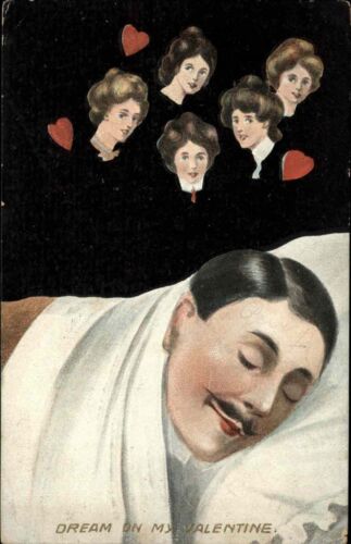 Valentine Man Dreams of Beautiful Women Fantasy c1910 Vintage Postcard - Afbeelding 1 van 2