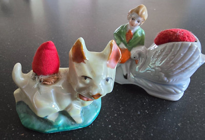 2 Vintage Ceramic Pincushions, Dog, Gentleman with Swan 2 Vintage Ceramic Pincushions, Dog, Gentleman with Swan