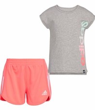 2 PIECE ADIDAS GIRL'S GRAPHIC TEE MESH SHORT SET, SZ 6X