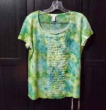 CHICO'S Top Tee Sz 1 Medium Green Tye Dye Ruffle Front Tshirt USA made