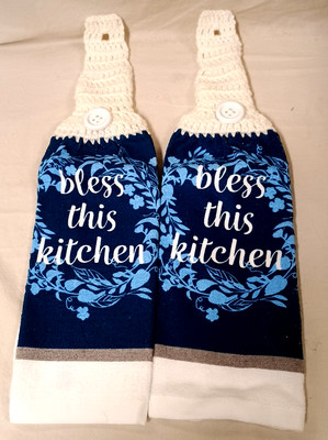 2 Crochet Top Kitchen Towels Bless This Kitchen & FREE Dishcloth