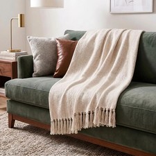 50x60 Inch Soft Cotton Throw Blanket Cream Herringbone Pattern For Couch Bed...
