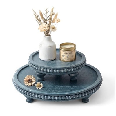 Round Pine Wooden Riser Set of 2 with Beaded Edges - Farmhouse Risers For Dec...