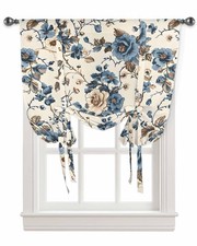 Blue Floral Tie Up Curtains Thermal Insulated Blackout Window Adjustable Ball...