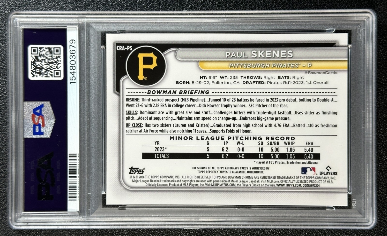 PAUL SKENES PSA 10 2024 BOWMAN CHROME ROOKIE GREEN REFRACTOR AUTO RC 20/99 view 2