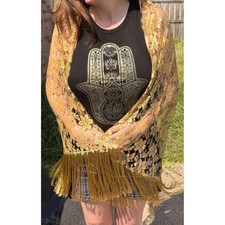 Gold Floral Lace Shawl Wrap Fringe Trim Evening Scarf Wedding Bridal Cover Up