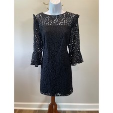 Ann Taylor Size 4 Black Lace Overlay Dress Sheer Lace Sleeves Classic Silhouette