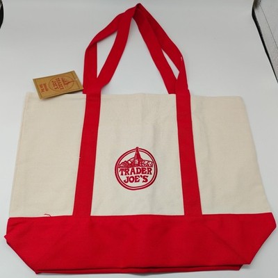 TRADER JOE'S LARGE CANVAS BAG HEAVY COTTON REUSABLE SHOPPING BAG LARGE RED US