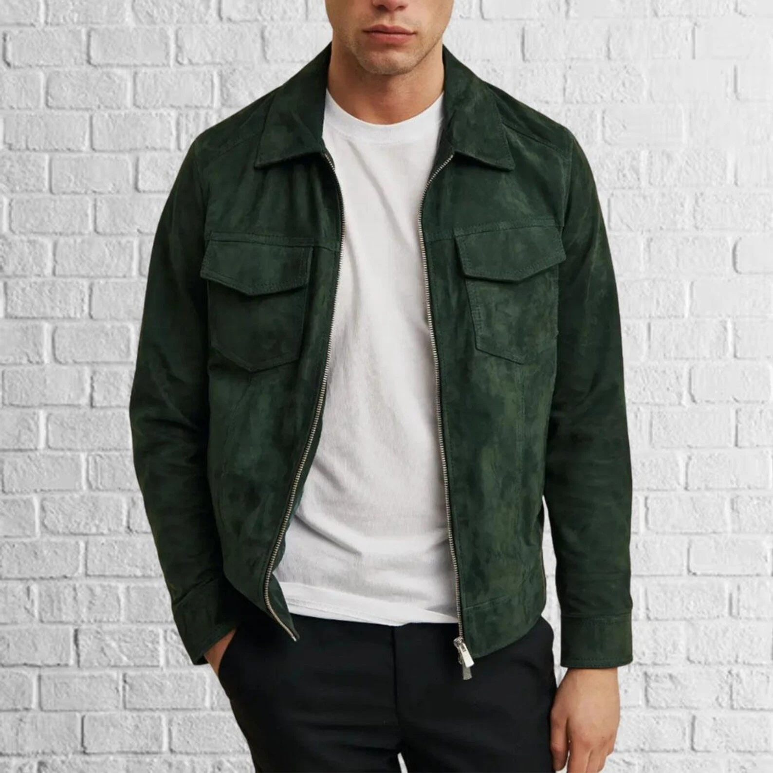 Men's Green Suede Leather Shirt Jacket Flap Pockets With Zip Casual Shacket Coat