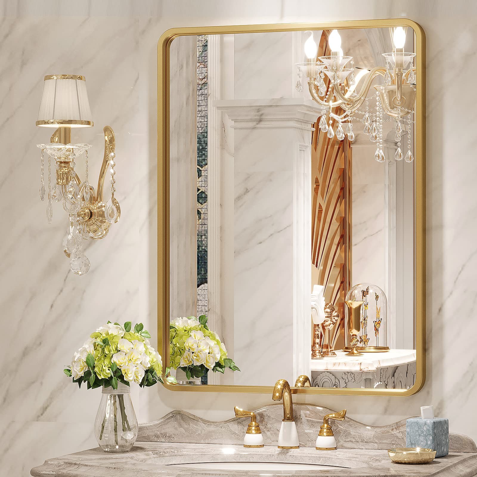Gold Bathroom Mirror for Wall, 22x30 Inch Rectangular Gold Metal Framed Mirro...