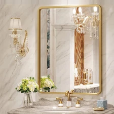 Gold Bathroom Mirror for Wall, 22x30 Inch Rectangular Gold Metal Framed Mirro...
