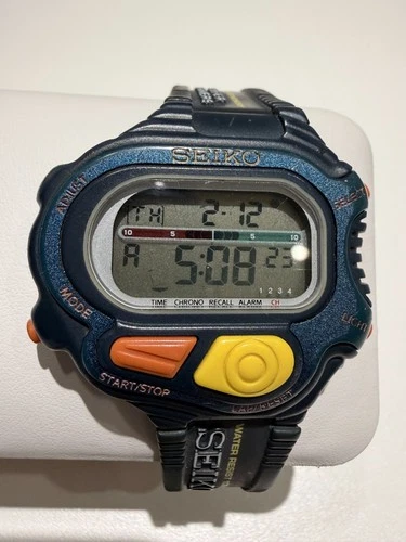 Vintage Seiko Digital Chronograph Watch S640-4000 10 BAR Sport Timer Blue Yellow