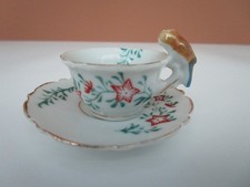 Vtg Miniature Porcelain Tea Cup and Saucer Bird on Handle Floral Made in Japan