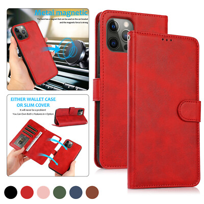 For iPhone 14 13 12 11 Pro Max XR XS 6 7 8 Plus Magneti Leather Wallet Flip Case