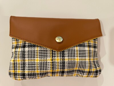 Ipsy Cosmetic Makeup Bag Pouch Logo On Snap Black/Yellow Plaid Brown Fold 5''x7''