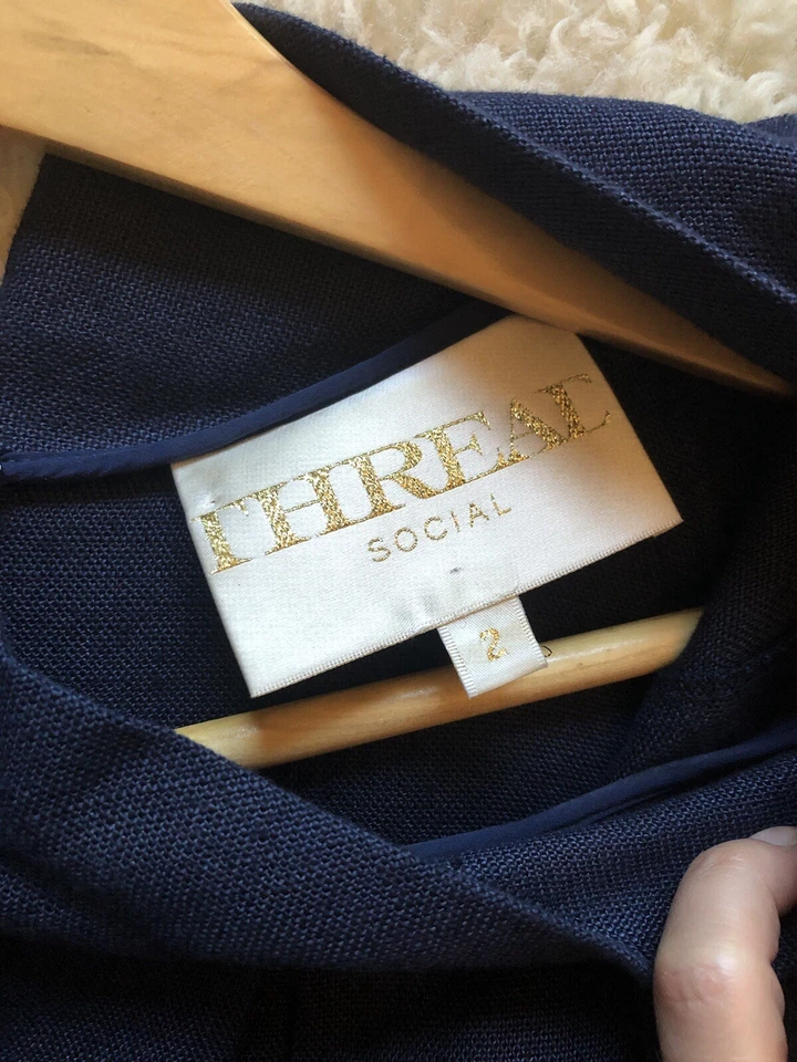 Thread Social 女式海军蓝亚麻换装连衣裙 2 码口袋美国制造优雅 — 第 3/4 张图片