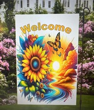 Garden Flag 12x18 Welcome Sunflower Double Sided Handmade Butterfly Sunshine