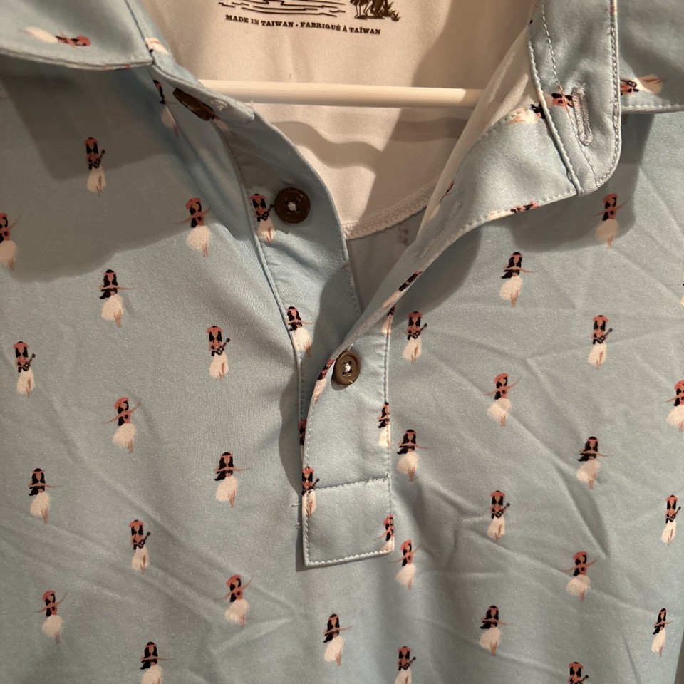 Straight Down Golf Polo Men's XL Hula Girl Print Blue Stretch Oyster