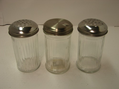 3 Glass Cheese / Pepper Flake / Sugar Shakers with Steel Perforated Tops 12 oz.