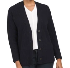 Vince Wool Cashmere Fisherman Rib Cardigan Vneck Buttoned Jacket Navy  XS;NWT