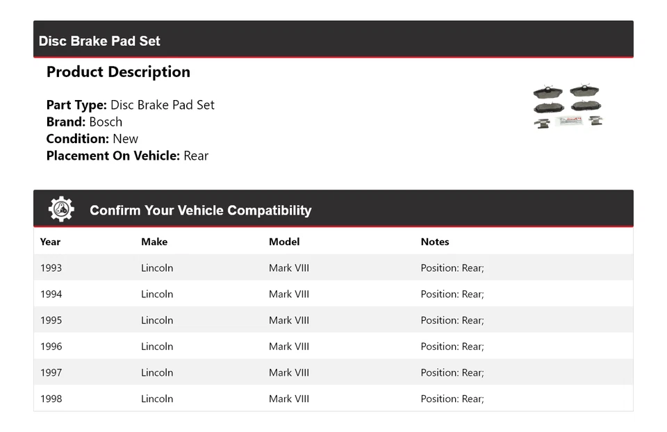 Pastillas de freno semimetálicas con trasero HD para Lincoln Mark VIII Bosch 1993-1998 Foto 2 de 4