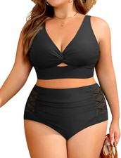 Plus Size High Waisted Tummy Control Bikini Swimsuit Two Piece V Neck Twist Knot