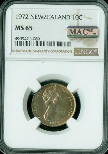 1972 NEW ZEALAND 10 CENTS NGC MS65 PQ 2ND FINEST GRADE MAC SPOTLESS  .