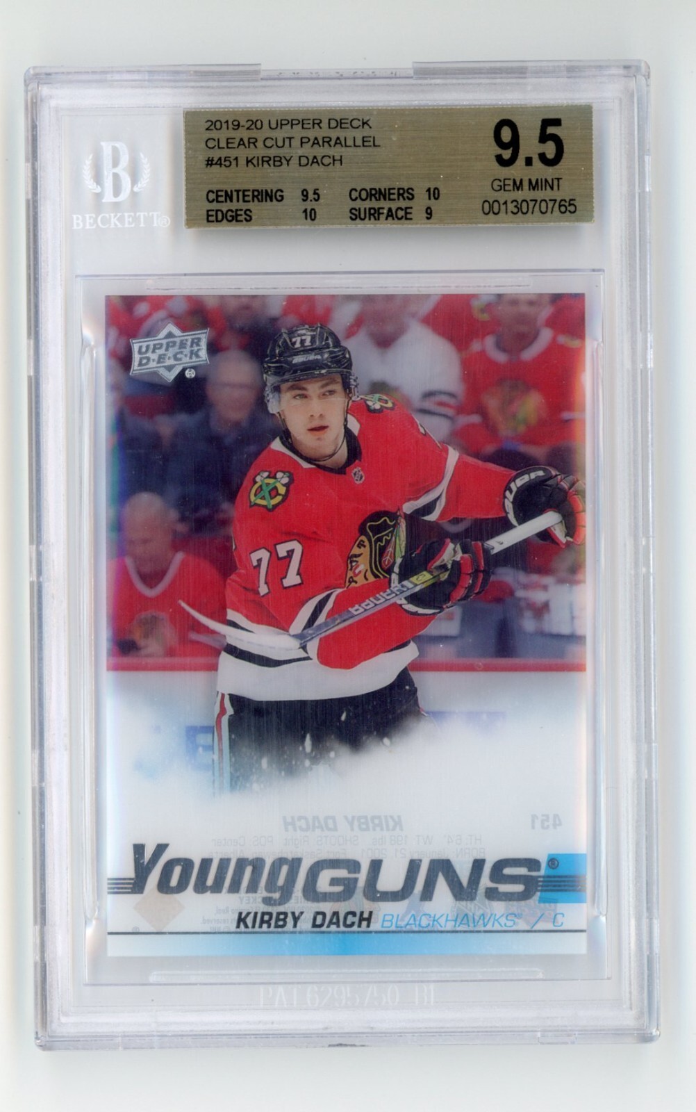 2019 Upper Deck #451 Kirby Dach Young Guns Rookie Card Clear Cut SSP BGS 9.5 GEM