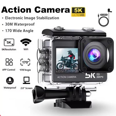 Action Camera 5K 4K60FPS EIS Wi-Fi Dual Screen 170D 2.0 Inch Touch Screen