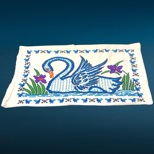Vintage Swan Embroidered Pillow Cover Case Blues Cross Stitch Cottage Farmhouse