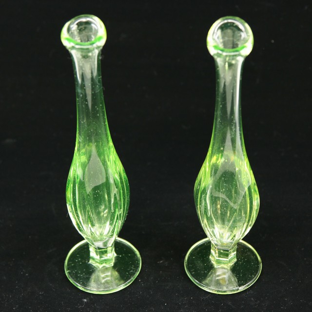 Pair of Antique Green Vaseline Uranium Depression Glass Swung Bud Vase