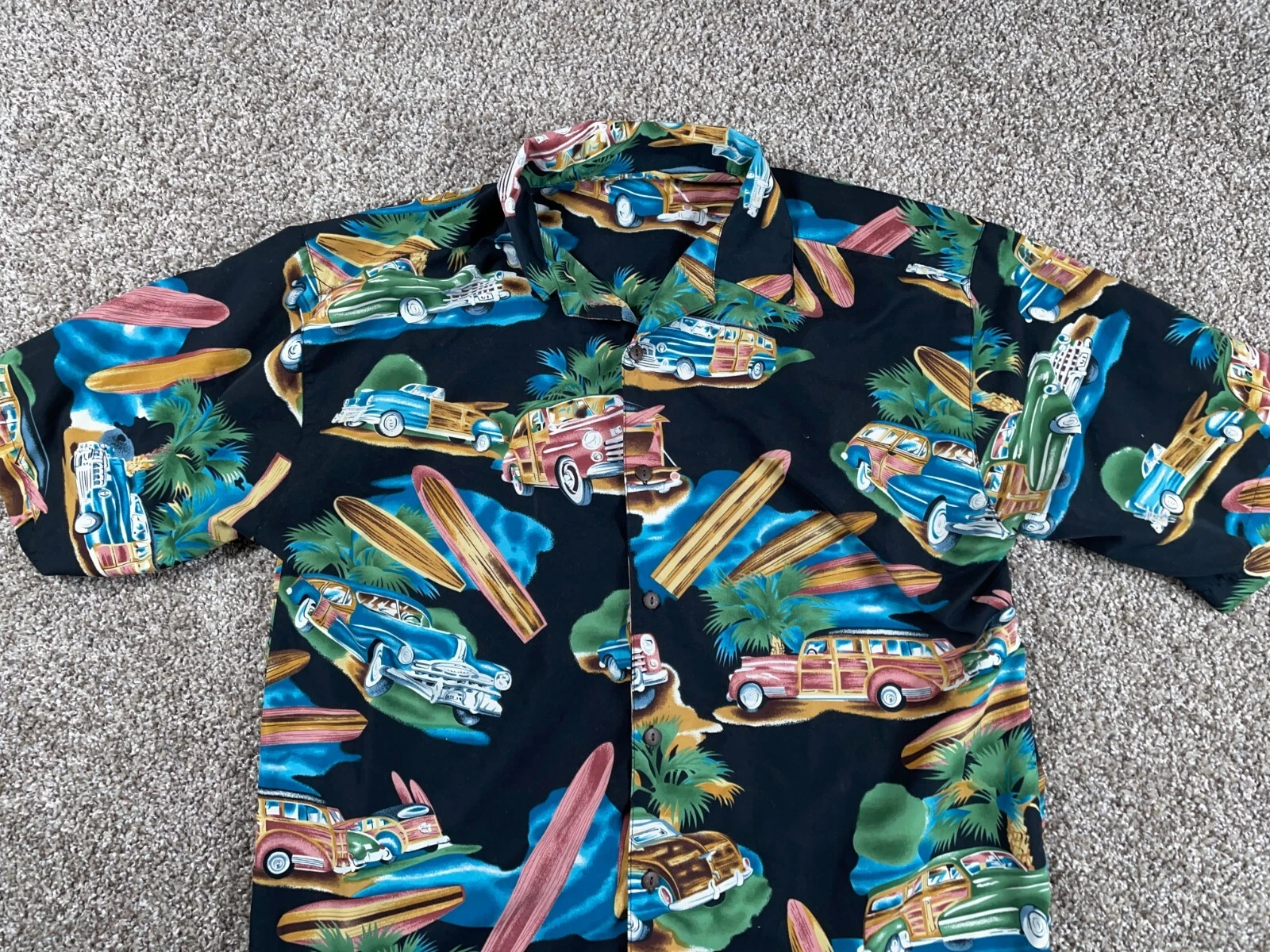 VTG Classic Car Hawaiian Shirt Adult Large Black Aloha Camp Collar Surf Retro