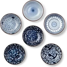 Ceramic Dipping Bowls Set of 6, Vintage Blue 3oz Mini Appetizer Plates