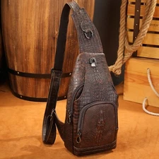 Mens Leather Embossed Sling Bag Crossbody Chest Bag