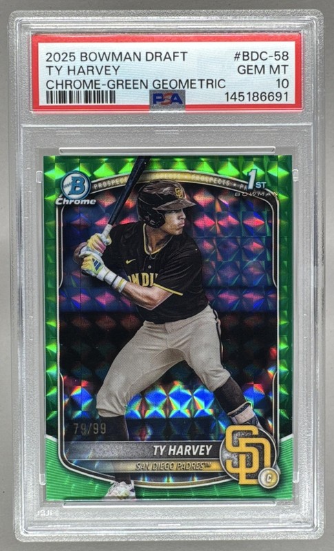 Ty Harvey 2025 Bowman Draft Green Geometric Refractor Chrome 1st RC 79/99 PSA 10