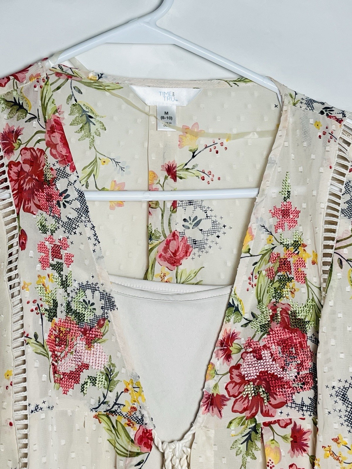 Time and Tru Lace Peasant Top Women’s Size M 8-10 Ivory Floral 2 Piece Boho