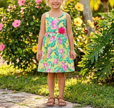 Penelope Mack Halter Dress Girls 4T Yellow Pink Tropical Print Sundress NWT