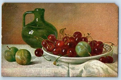 c1910's Still Life Art Cherries And Peaches Jug M. Billing Antique Postcard