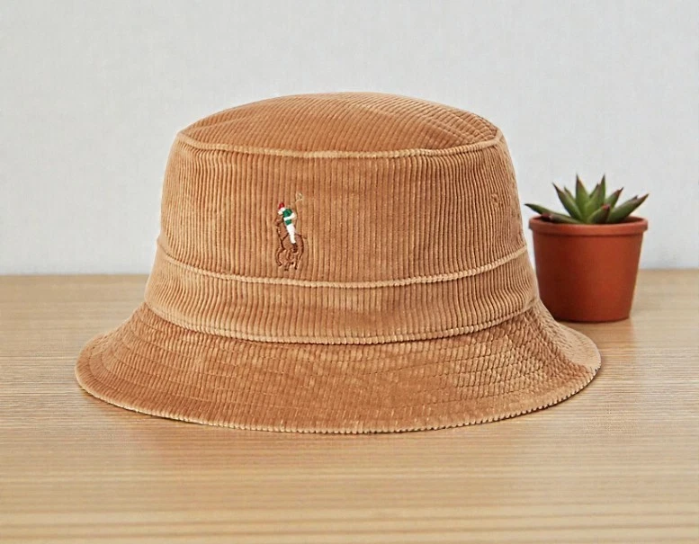 Polo Ralph Lauren Men's Corduroy Bucket Hat Tan Embroidered Pony L/XL NEW