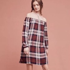 Cloth & Stone Off Shoulder Plaid Tunic Dress
