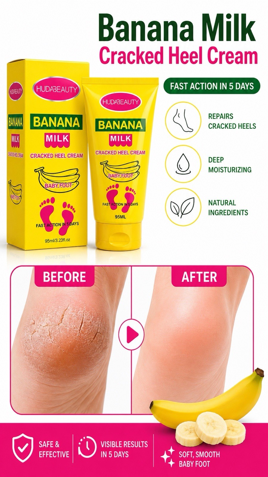 Crema hidratante para pies con leche de plátano reparación de talón agrietado piel seca 95 ml