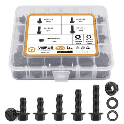 VIGRUE M8-1.25 x 16/20/25/30mm Flange Hex Head Bolts Nuts Washers 125PCS Class 1