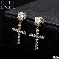 Iced Stud Cross Drop Hanging Huggie Dangle Hoop Sterling Cz Gold Plated  Silver